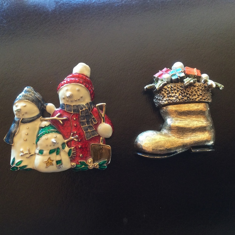 Vintage Christmas Pins Brooches, One by ART, Boot and Snowmen, Set of 2